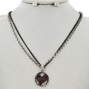 Burnished Silver Tone & Patina Multi-Strand Heart Necklace & Earring Set